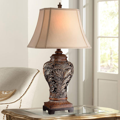 Leafwork 32 1/2" Table Lamp Large Bronze Brown Vase Cottage | Rectangular Shade Traditional Wood Living Room Bedroom Bedside Nightstand House Office Home Family Tan End1