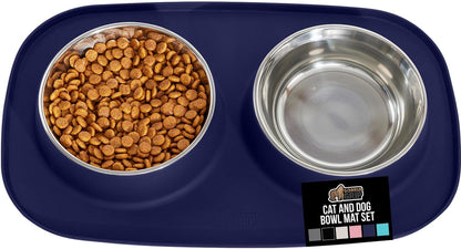 GORILLA GRIP Patented Dog Bowl Set with Slip Resistant Silicone Feeding Mat, Food Grade 304 Stainless Steel Bowls, BPA Free High Edge Spill Containment Dishwasher Safe, Finger Notch Removal 2 Cup Gray11