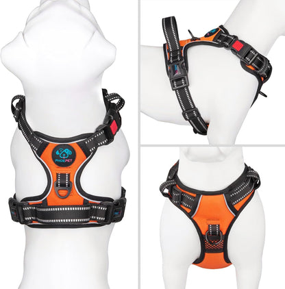 PHOEPET No Pull Dog Harness Medium Reflective Front Clip Vest with Handle,Adjustable 2 Metal Rings 3 Buckles,[Easy to Put on & Take Off](M, Orange)2