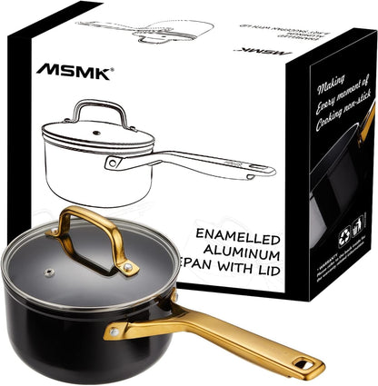 1.5 QT Ceramic Enamel Saucepan with Lid, Nonstick Black Cooking Pot | Ceramic, Non Toxic, Even Heating, Easy Clean, Suitable for Gas & Electric & Induction Stove, Dishwasher & Oven Safe1
