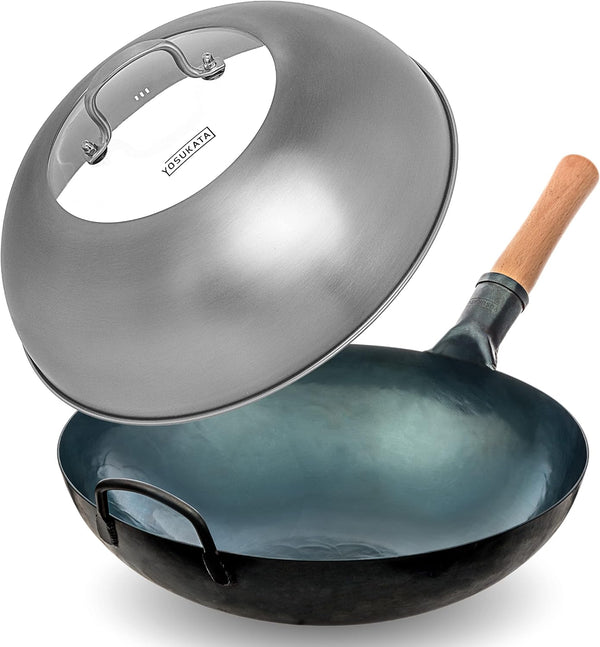 Blue round Bottom Wok Pan – 14" Woks and Stir Fry Pans + Wok Lid 13.6 Inch - Premium Stainless Griddle Dome with Tempered Glass Insert Steam Holes1