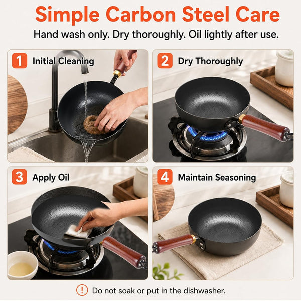 8-Inch Carbon Steel Wok with Lid, Flat Bottom, Gas and Induction | Hammered Carbon Steel, 1.6 Qt Capacity, Removable Beechwood Handle, Uncoated, for Noodles, Eggs, Sauces and 1-2 Servings7