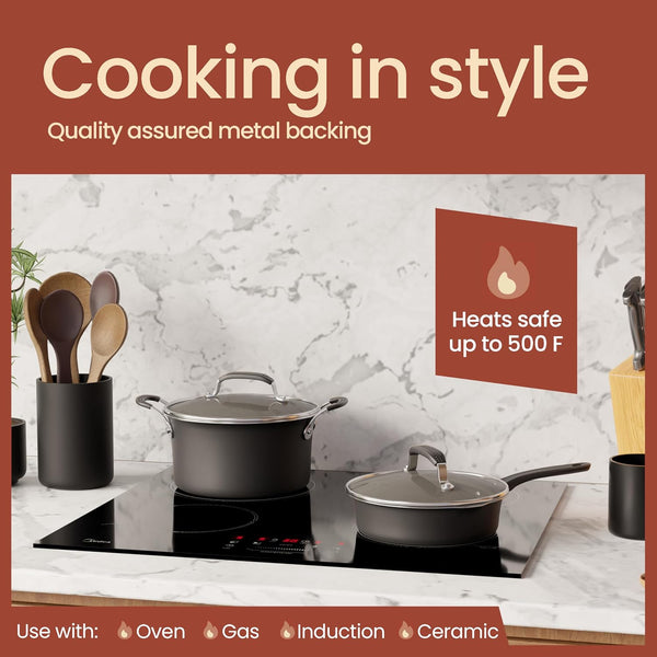 Pots and Pans Set, 22-Piece Non Stick Cookware & Bakeware Sets with Plaid Pattern, Stackable Design, Dishwasher Safe, Stain-Resistant, Oven & All-Stove Safe, Tempered Glass Lid, Black4