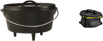 L10DCO3 Cast Iron Deep Camp Dutch Oven, Pre-Seasoned, 5-Quart and 10 Inch Camp DO Tote Bag,Black1