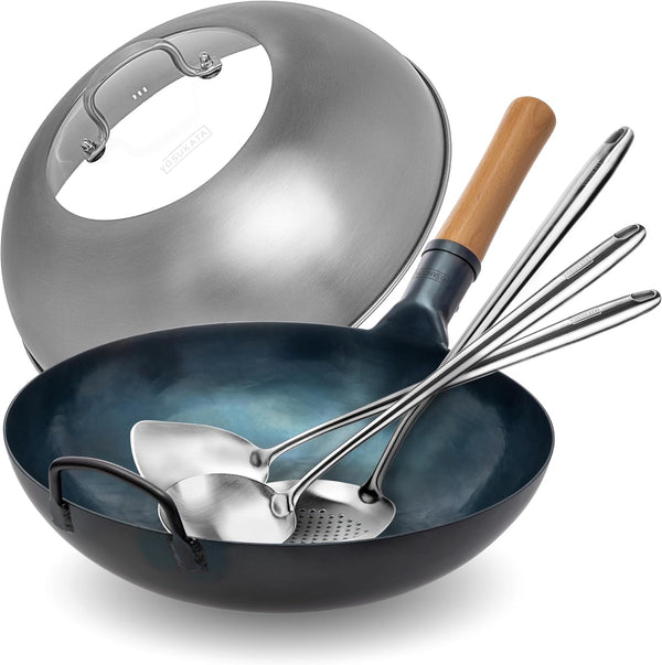 Flat Bottom Wok Pan - 13.5" Blue Carbon Steel Wok + Wok Lid 12.8 Inch + 17" Spatula and Ladle Skimmer Spoon1