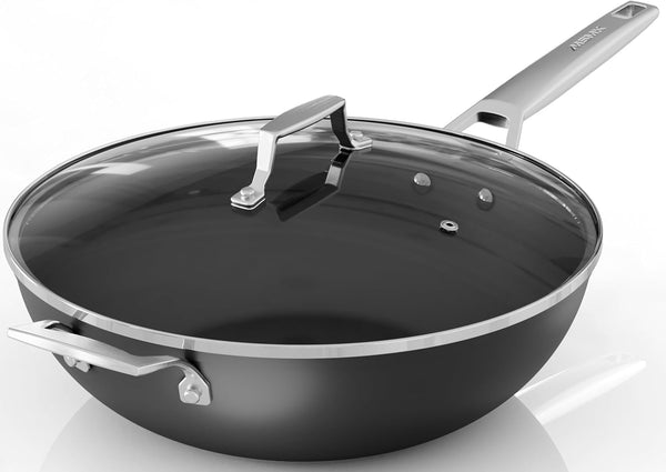 12.5 Inch Nonstick Frying Pan with Lid, Woks & Stir Fry Pans Skillet | Non Toxic, Even Heating, Easy Clean, Dishwasher & Oven Safe, Suitable for Gas & Electric & Induction Stoves, Stainless Steel1