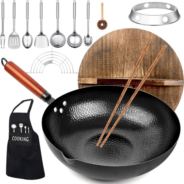 14 Piece Carbon Steel Wok Pan, Woks & Stir-Fry Pans Set with Wooden Lid Cookwares, No Chemical Coated Flat Bottom Chinese Pan for Induction, Electric, Gas, Halogen All Stoves - 12.6''1