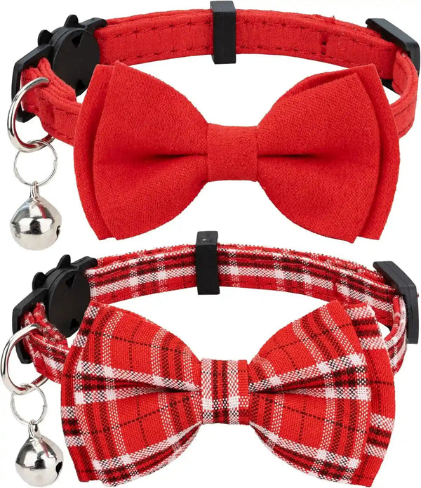 Cat Collar Breakaway Bowtie Safety with Bell Adjustbale Kitten Puppy Solid Plaid Color Set D-[2Pcs] Pink-25