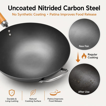 12.6 Inch Carbon Steel Wok with Lid, Flat Bottom Wok Pan for Induction, Electric and Gas Stoves, Uncoated Chinese Stir Fry Pan with Wooden Handle6