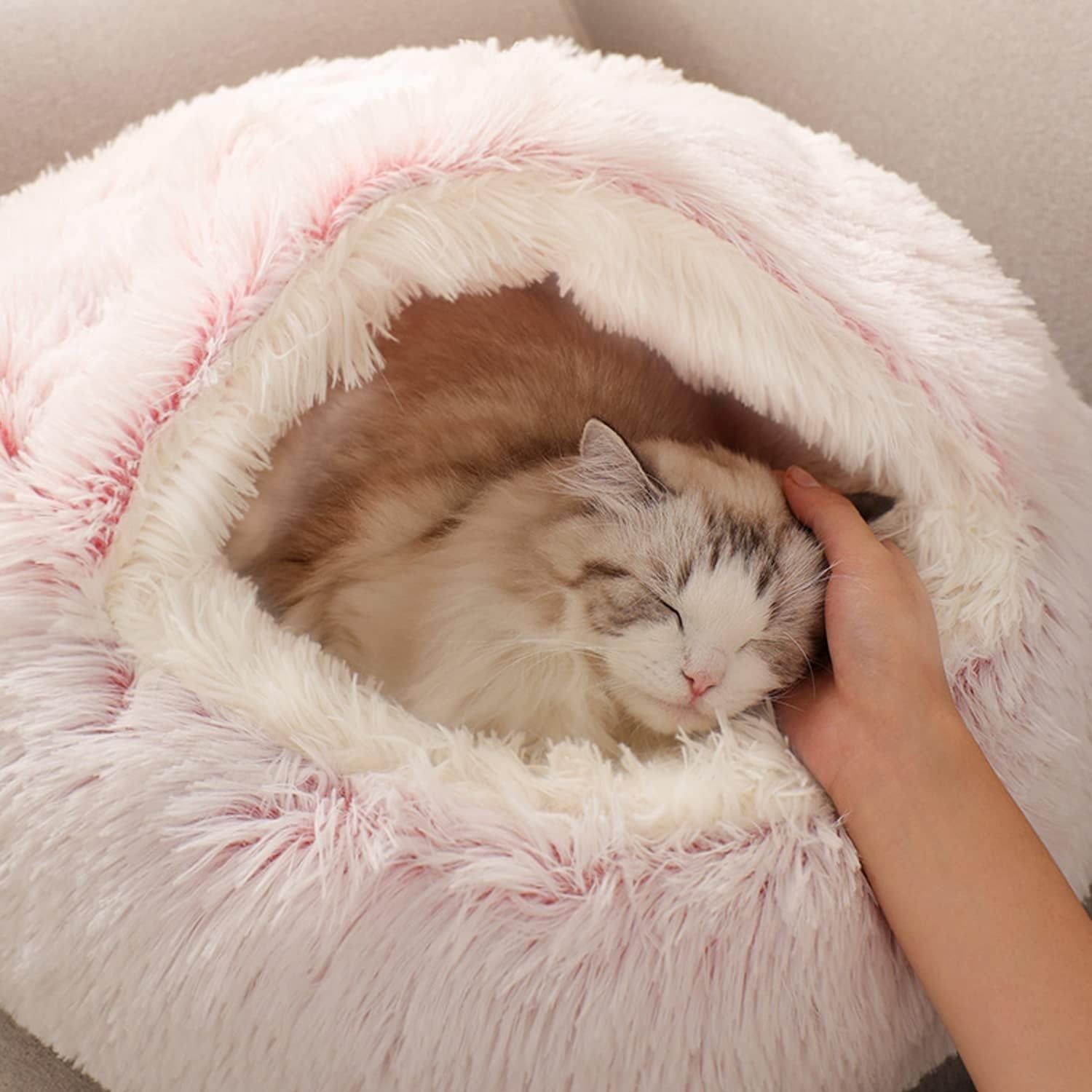 suoxu-anti-anxiety-cat-bed-plush-hooded-cave-20-in-diameter-suitable-for-small-to-medium-pets-pink