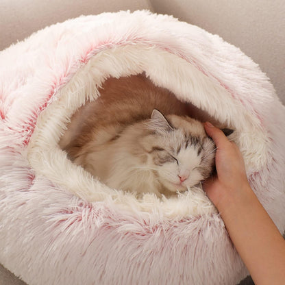 SUOXU Anti-Anxiety Cat Bed, Plush Hooded Cave, 20 in Diameter, Suitable for Small to Medium Pets, Pink6