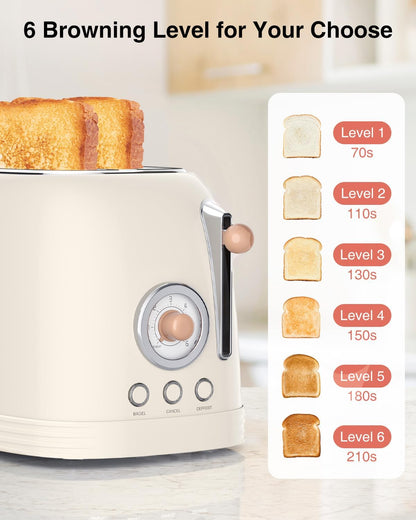 2-Slice Toaster, Extra Wide Slots Toaster, Retro Stainless Steel with Bagel, Cancel, Defrost, Reheat Function and 6-Shade Settings, Removal Crumb Tray, Cream4
