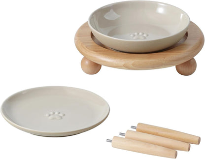Havniva Elevated Cat Bowls, Cat Food and Water Bowl Set, Ceramic Cat Bowl | Raised Cat Food Bowls, Whisker Friendly, 5.6” Shallow Cat Dishes + 6” Wide Cat Plates, Non-Slip Wood Stand, Two Heights10