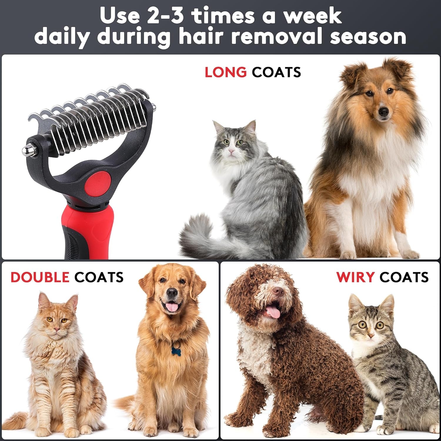tpotato-deshedding-dog-brush-for-long-haired-dogs-cats-undercoat-shedding-rake-for-dematting-detangling-tangles-matted-fur-and-knots-metal-pet-comb-professional-pet-grooming-supplies-tool-kit-red
