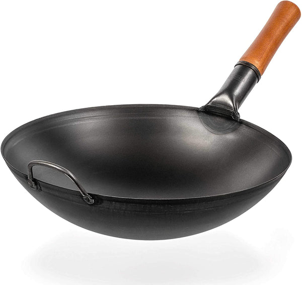 Black Carbon Steel Wok Pan 14" (Round Bottom) with Lid 13.6 Inch - Premium Stainless Cover + Pre-Seasoned - Blue Carbon Steel 17-Inch Spatula, Ladle, 3 Pairs of Chopsticks4