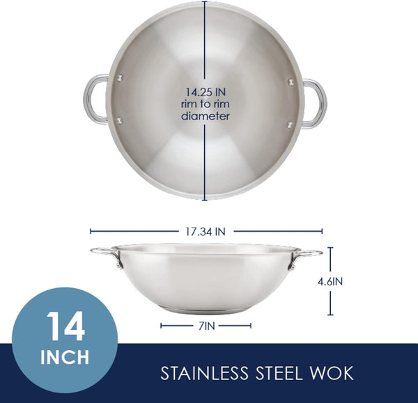 Professional Stainless Steel Wok/Stir-Fry Pan, Compatible with All Cooktops, Induction Ready, Dishwasher and Metal Utensil Safe, 14 Inch - Stainless Steel2