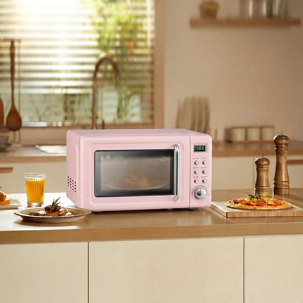 0.7Cu.Ft Retro Small Microwave Oven, 700W Compact Countertop Microwave with 5 Power Levels, Auto Cooking Menus, Glass Turntable, Child Lock & Glass Turntable for Apartment, Dorm (Pink)9