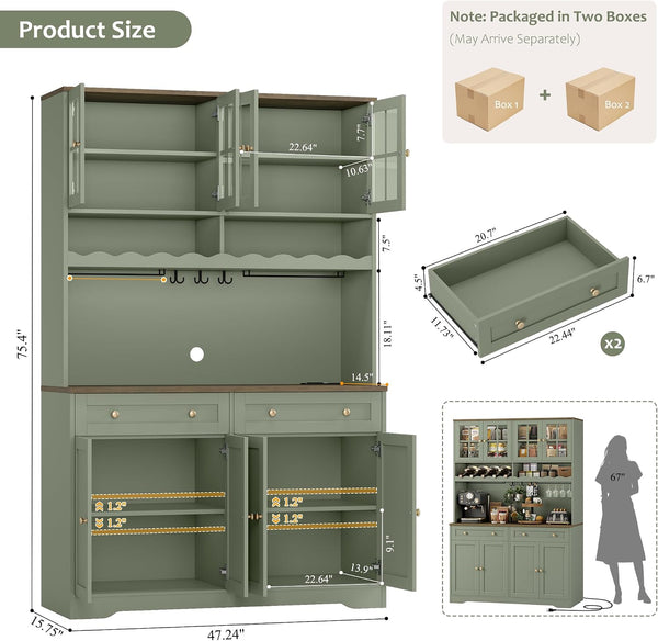 75" Kitchen Pantry Storage Cabinet, Coffee Bar Hutch Cabinet, Green | Tall Pantry Cabinet with Charging Station / Wide Countertop / Glass Doors / Wine Rack / Cup Holder / Drawers, Dining Room3