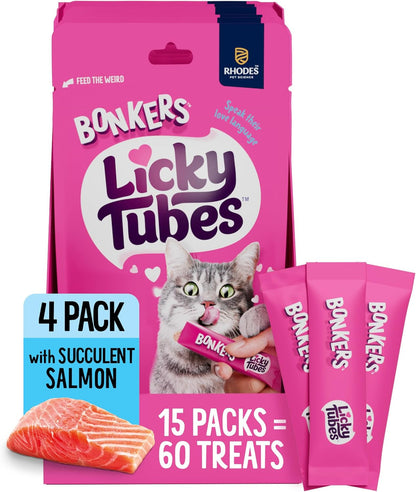 Bonkers Licky Tubes Salmon Flavored Wet Cat Treats, 4 Pieces (Pack of 15)1