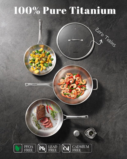 Titanium Wok Pans for Cooking,13In Pure Titanium Hammered Pro Pans, Non Stick Skillet for Cooking, Non-Toxic, PFAS/PFOA/PTFE Free Cookware, Dishwasher&Oven Safe, Kitchen Induction Compatible2