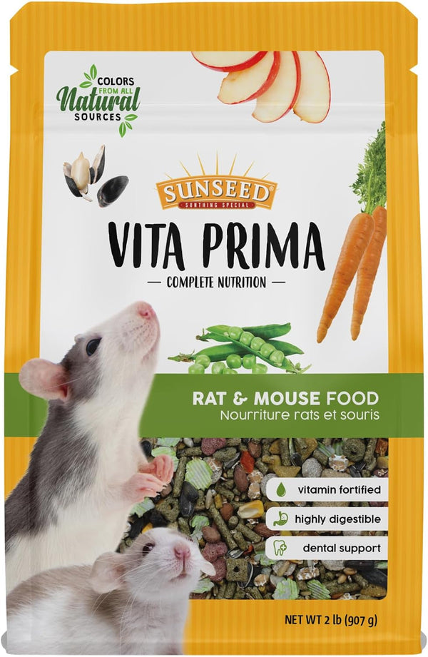 Sunseed Vita Prima Rat and Mouse Food 2Lb. Resealable Bag - Supports Instinctive Foraging - Blended with Grains Added Vitamins and Minerals Ingredients - No Artificial Colors Flavors or Preservatives1