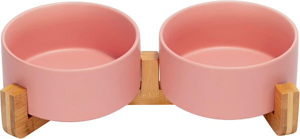 SPUNKYJUNKY Ceramic Dog and Cat Bowl with Wood Stand Non-Slip Matte Glaze Weighted Food Water Set for Cats &Small Dogs 13.5OZ30