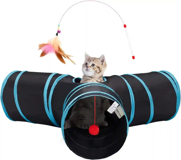 Tempcore Pet Cat Tunnel Tube Toys 3 Way Collapsible, Tunnels for Indoor Cats, Interactive Tube with Teaser Wand, Peek Holes & Hanging Ball, Black & Blue1