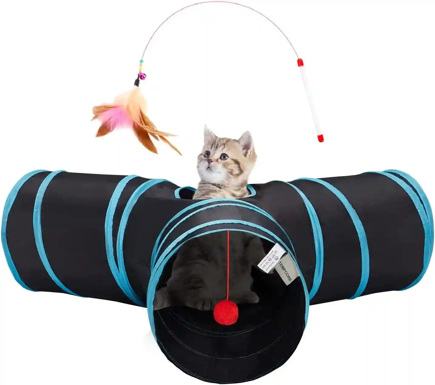 tempcore-pet-cat-tunnel-tube-toys-3-way-collapsible-tunnels-for-indoor-cats-interactive-tube-with-teaser-wand-peek-holes-hanging-ball-black-blue