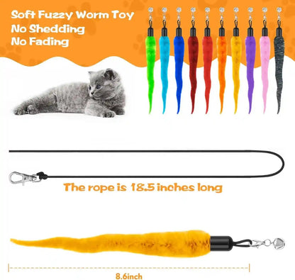 Kerros Fuzzy Worm Cat Wand Refills with Black String, 10 Pcs | 10 Fuzzy Worm Cat Wand Attachments with 1 Black String, for Indoor Cats and Kittens to Chase, Jump and Play3
