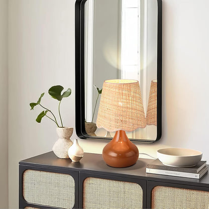 Brown Small Bedside Table Lamp for Bedroom, Farmhouse Bedroom Lamps for Nightstand, Rattan Lamp Shade Table Lamps for Small Spaces for Kitchen Counter, Home Office, Living Room, Kids Dorm2