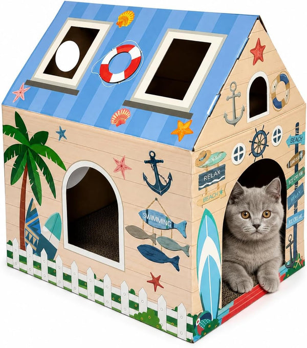 Cinrobiye Cardboard Cat House with Scratcher, Indoor Cat Condo Cat Cave Hideout with Scratch Pad, Cardboard Cat Playhouse Bed for Cats, Kittens, Rabbits & Small Pets (Mushroom)15