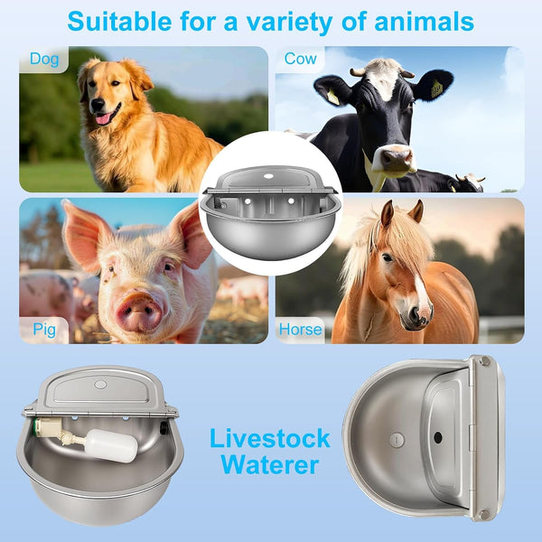 Automatic Pet Water Bowl with Float Valve, 304 Stainless Steel, Includes Bowl, Valve, 40" Hose, Adapters, Bolts, Wrench, Fits 1/2" & 3/4" Faucets, for Dogs/Livestock, Drain Hole6