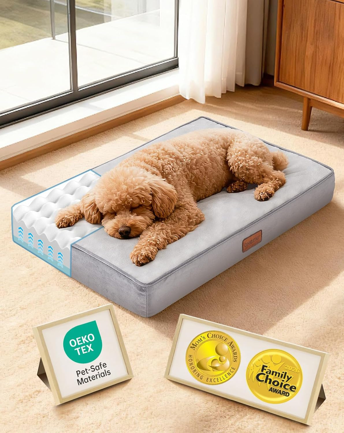 ohgeni-orthopedic-waterproof-large-dog-bed-memory-foam-41-inchgray-machine-washable-removable-cover-in-easy-clean-fabric-reversible-memory-foam-easy-carry-handle-suitable-for-crate