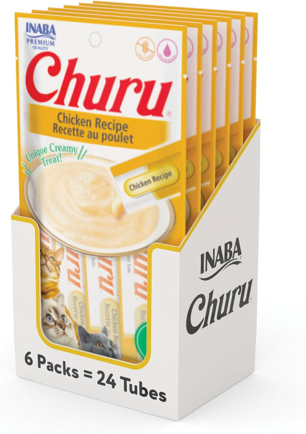 INABA Churu Cat Treats, Lickable, Squeezable Creamy Purée Cat Treat with Green Tea Extract & Taurine, 0.5 Ounces Each Tube, 24 Tubes (4 per Pack), Chicken Recipe1