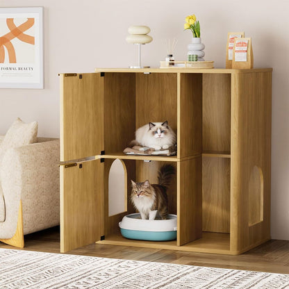 Cat Litter Box Enclosure Furniture, 2 Storey Hidden Litter Box Cabinet with Scratching Post & Storage Shelf, Fluted Modern Litter Box Enclosure for Living Room, Bedroom,Natural3