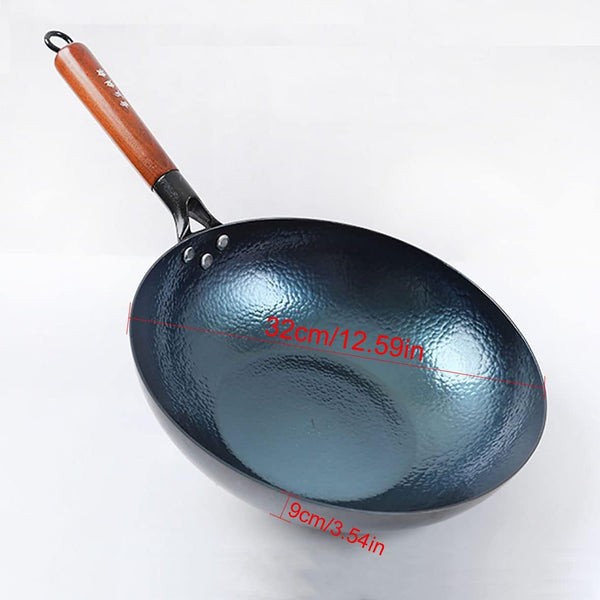 Chinese Handhammered Iron Woks and Stir Fry Pans, Flat Bottom Wok，No Coating Non-Stick, Suitable for All Kinds of Stoves (Diameter 32Cm/12.59In)2