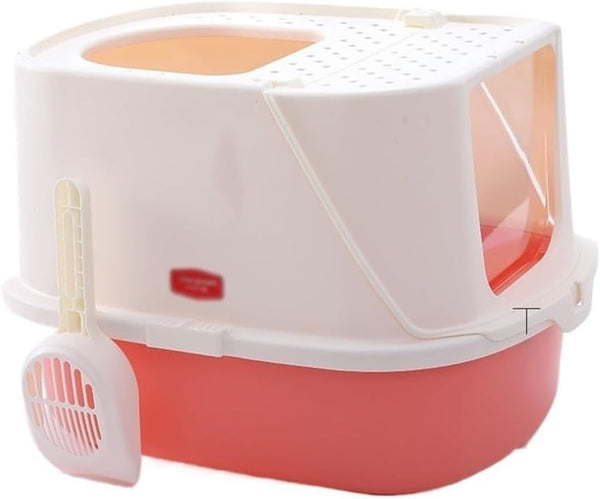 Pet Supplies, Cat Litter Box with Scoop,Enclosed Design for Large Cats, Easy Clean(Pink)1