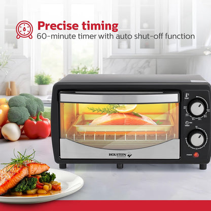 4 Slice Countertop Toaster Oven with 60 Minute Timer Includes Pan and Wire Rack, Perfect for Baking, Broiling, and Toasting Compact Design in Sleek Black for Convenient Kitchen Use3