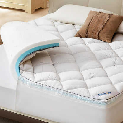 Queen Mattress Topper 4-Inch Dual Layer Memory Foam Mattress Topper | Mattress Topper for Back Pain, Dual Layer Medium Support (2" Gel Memory Foam + 2" Cooling Fluffy Pillow Top Pad), White1