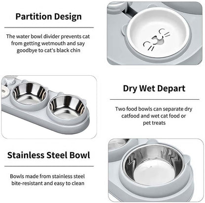 Marchul 3 in 1 Cat Bowl, Cat Food and Water Bowl Set with Water Dispenser and Stainless Steel Bowls, 15° Tilted Pet Raised Three Bowls for Indoor Cats, Small or Medium Sized Dogs2