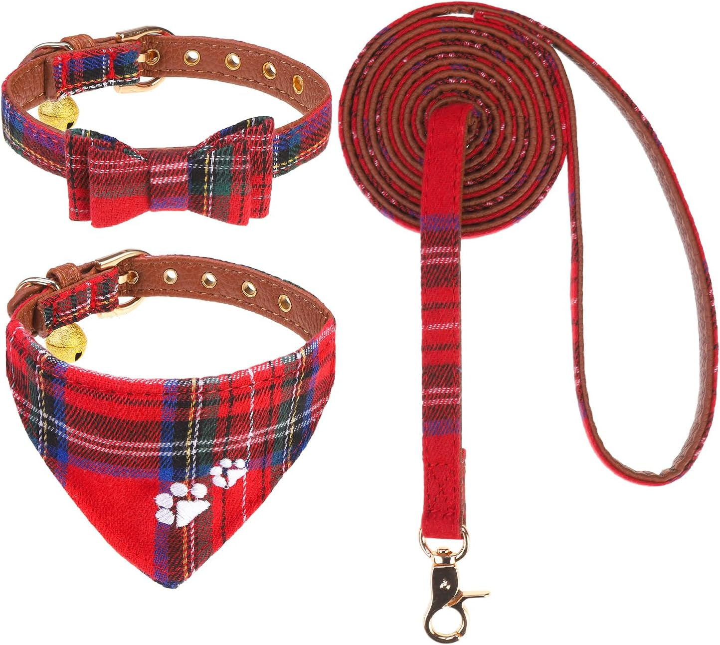 expawlorer-puppy-collar-and-leash-set-embroidery-pawprints-plaid-dog-collar-and-dog-leash-set-bow-tie-and-bandana-dog-collar-with-bell-cute-collar-and-leash-for-dogs-cats-outdoor-walking-blue-s