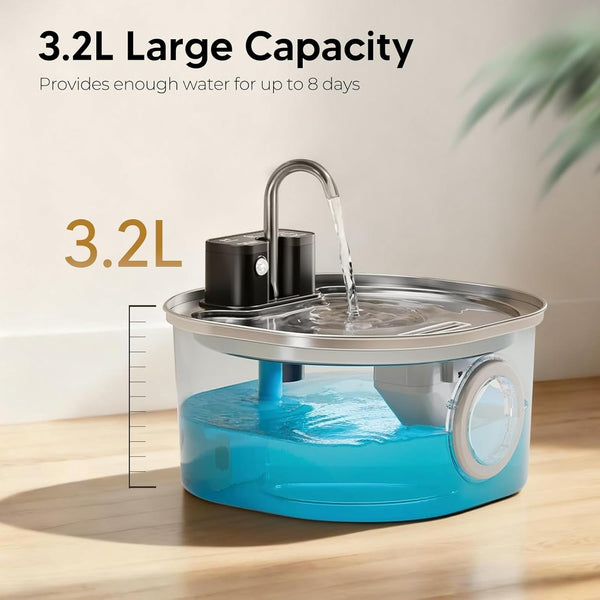 Voluas Stainless Steel Cat Water Fountain, Wireless, 108Oz/3.2L, 1 Filter | Cordless Design, Ultra-Quiet Pump, Easy to Clean, Bpa-Free2