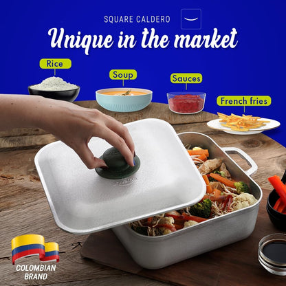 (9 Quart - 24 Cups) Square Caldero – Cast Aluminum Cooking Pot with Lid, Oven Safe Dutch Oven Pot for Rice, Soups, Stews, Roasting & Everyday Cooking4