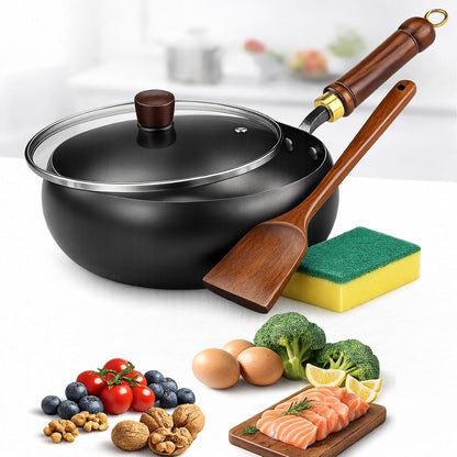 Japanese Cast Iron Wok with Wooden Lid & Spatula, 11 Inch Hand-Hammered Uncoated Iron Pot, Naturally Non-Stick Frying Pan, Heavy Duty Cookware for Induction, Gas & Electric Stoves (Glass Lid, 10.2In)1