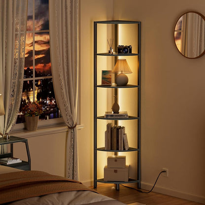 6 Tier Corner Shelf with LED Light, 67.5" Black Narrow Bookshelf | Tall Standing Shelf Organizer, Storage Rack for Wall Corner, Living Room, Bedroom, Metal Frame, Wood Display Shelf3