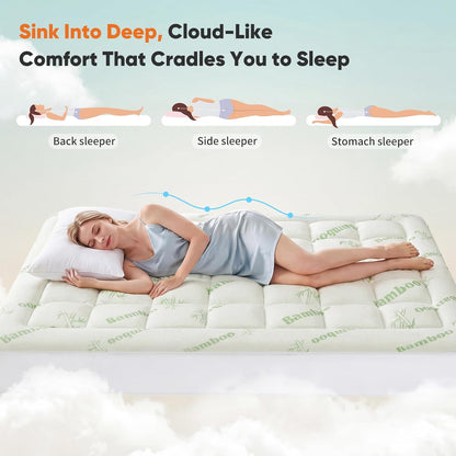 Ultra Soft Full Size Mattress Topper - Viscose Made from Bamboo Pillow Top Mattress Pad for Comfort & Support - Naturally Cooling for Hot Sleepers, Green | Ultra Soft Mattress Pad, Stretchable Pockets Fits 6"-18" Mattress, Breathable Cooling Topper for Back Pain Relief, Green2