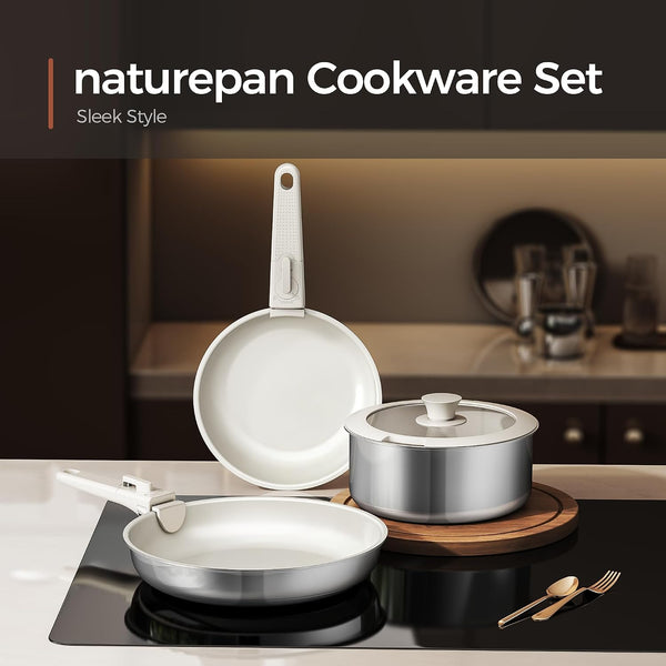5PCS Pots and Pans Set Non Stick, Diamond-Titanium Ceramic Cookware Set & 3 Layer Stainless Steel with Detachable Handle, Induction Cookware, Non Toxic Oven/Dishwasher Safe, White12