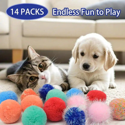 14-Pack Cat Toys Balls - No Bells Quiet Interactive Toys, Soft Pom Poms & Sparkle Balls for Kittens & Adult Cats, Safe for Batting Chasing (7 Sparkle Fuzzy Balls+ 7 Yarn Balls)2
