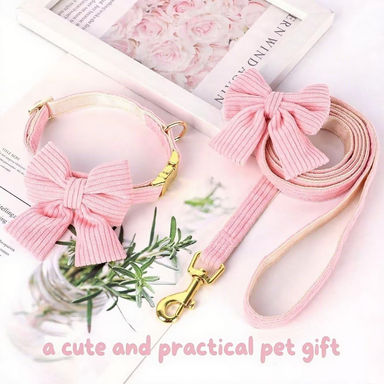 dog-collar-and-leash-set-with-bowtie-soft-cute-puppy-collar-cotton-puppy-collar-with-adjustable-metal-buckle-for-small-medium-dog-pink-size-s-neck-10-16