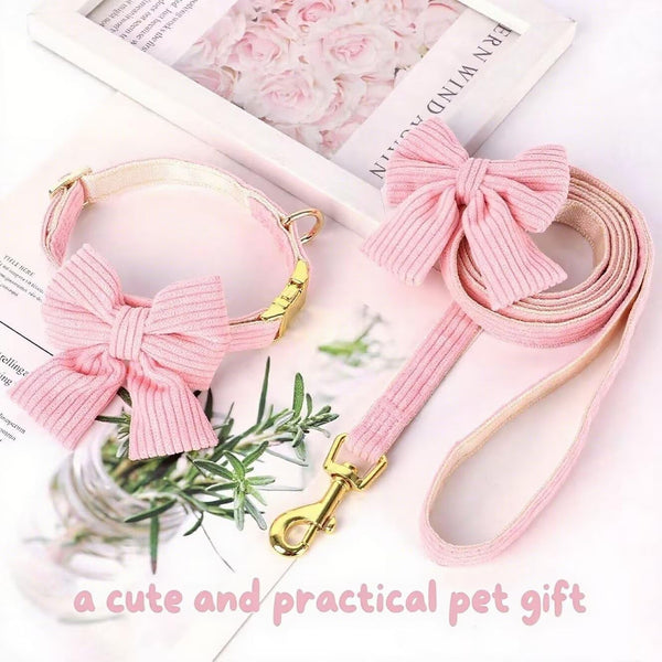 Dog Collar and Leash Set with Bowtie, Soft & Cute Puppy Collar, Cotton Puppy Collar with Adjustable Metal Buckle for Small, Medium Dog (Pink, Size S: Neck 10"-16")7